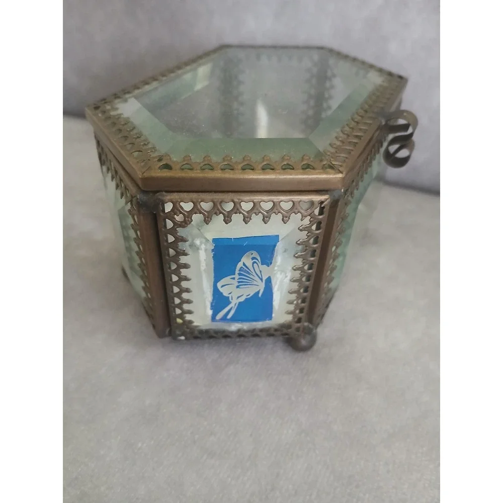 Vintage Beveled Glass Brass Hexagon Jewelry Box Butterfly Trinket Mirror Bottom